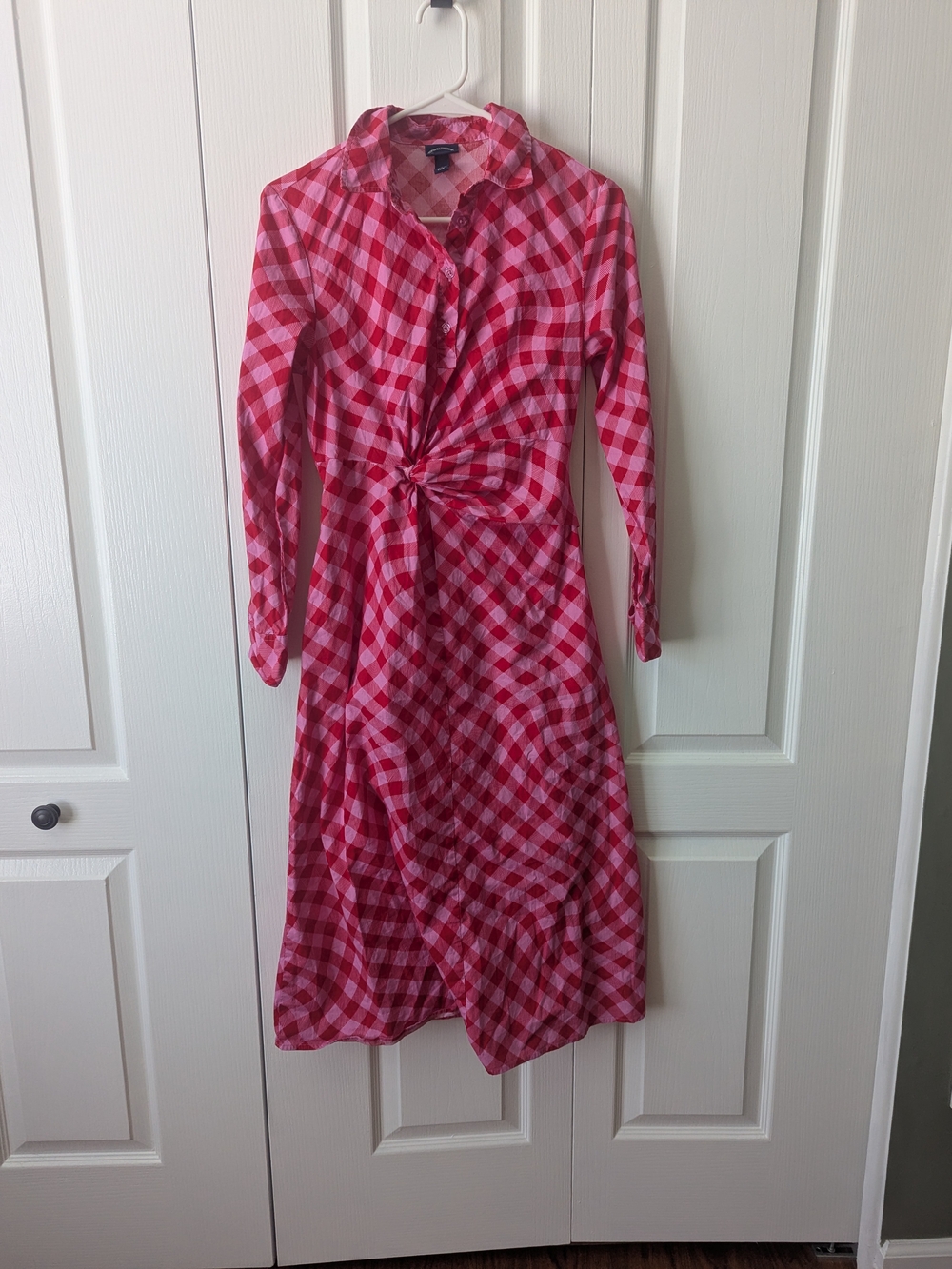 Twist-Front Long Sleeve Plaid Shirt Dress in Pink and Red